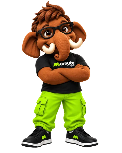 Mamu, o mascote da Mamute Pro Digital: um mamute de óculos, camiseta preta com a logo e calça cargo verde-limão, de braços cruzados.