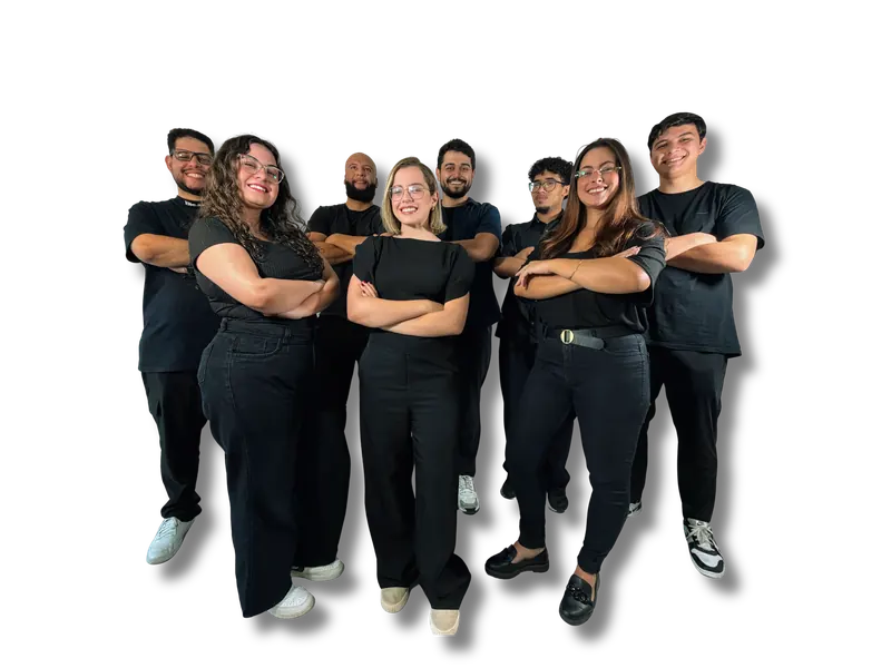 O time da Mamute Pro Digital, nove pessoas de roupa preta, sorrindo, a maioria de braços cruzados.